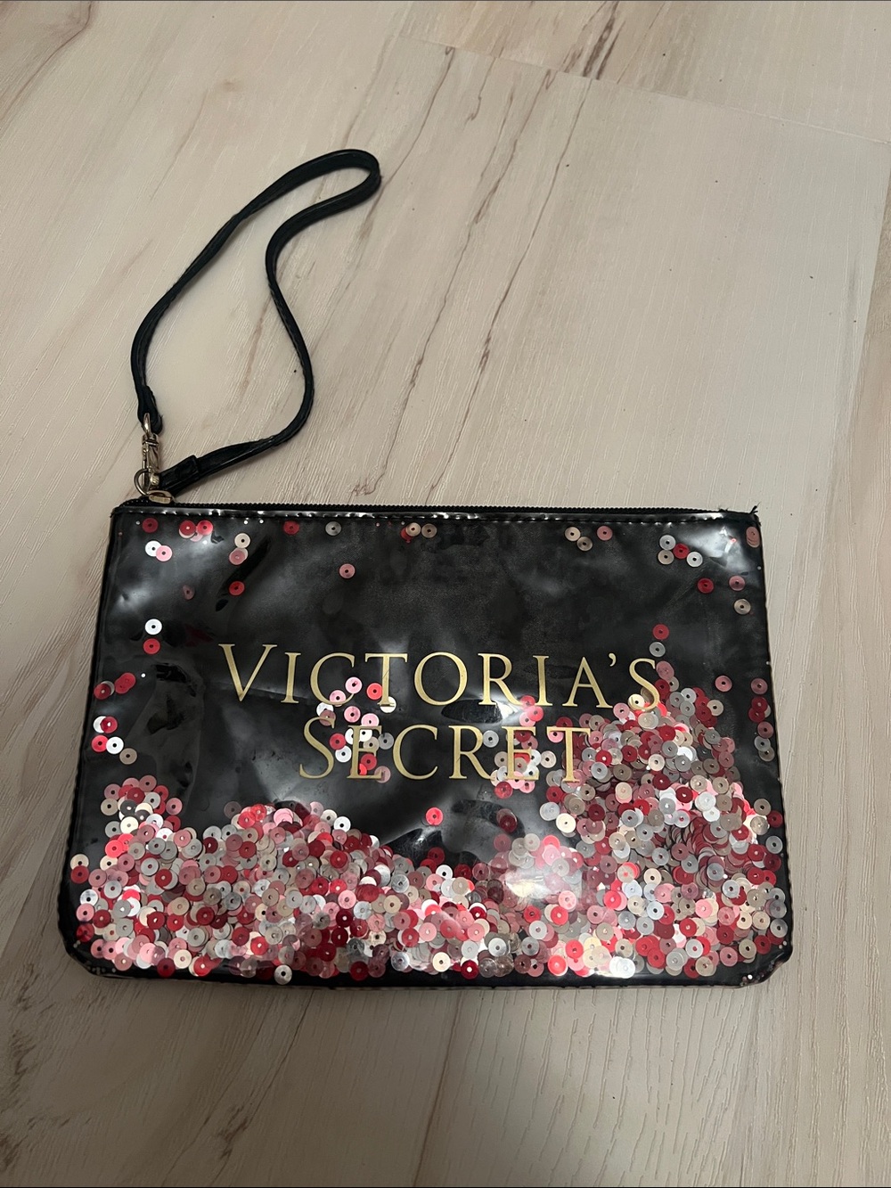 Victoria's Secret Black Sequin Wristlet Clutch with Pink & Red Accents